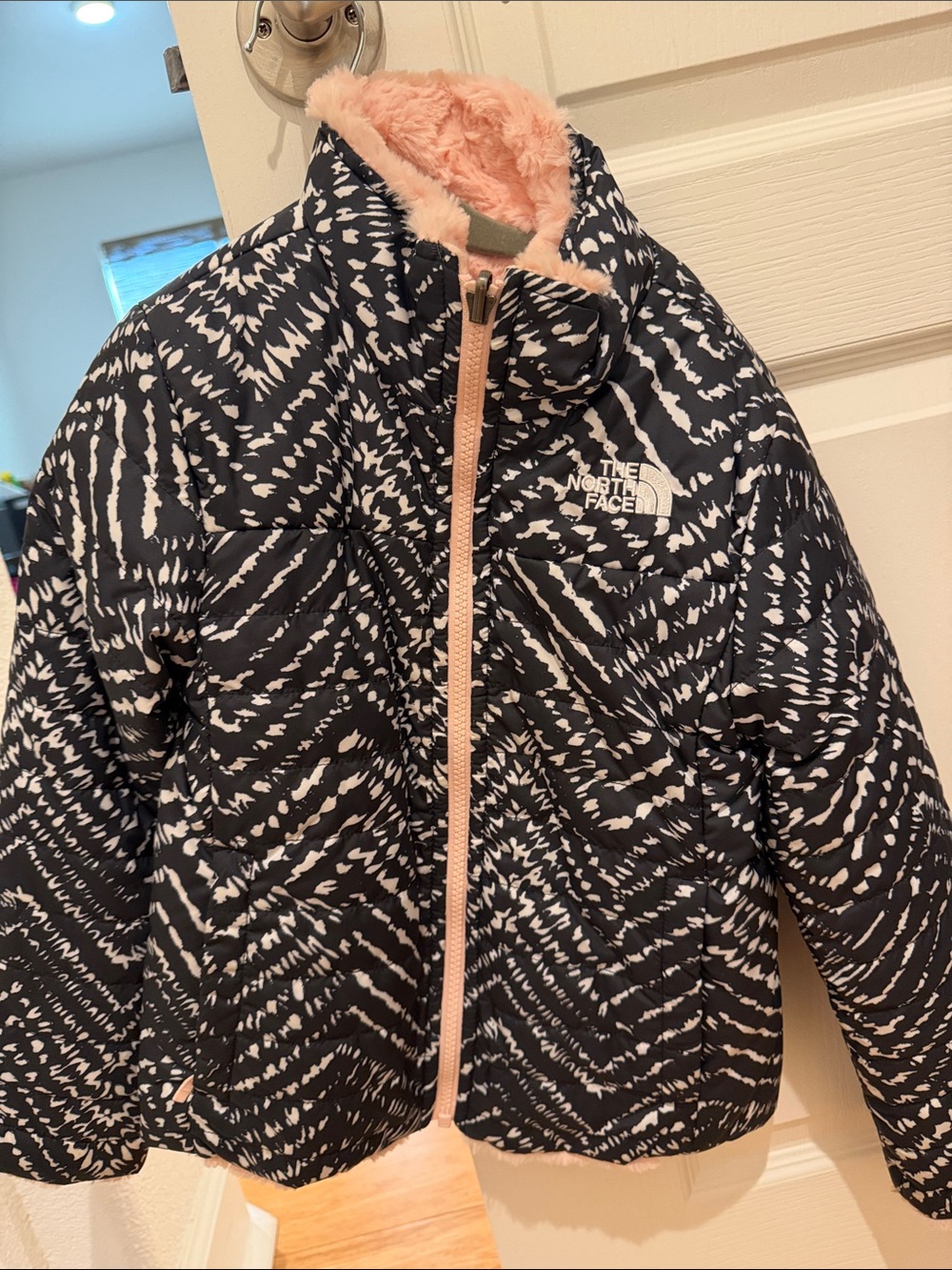 The North Face Girls' Black & White Patterned Puffer with Pink Trim